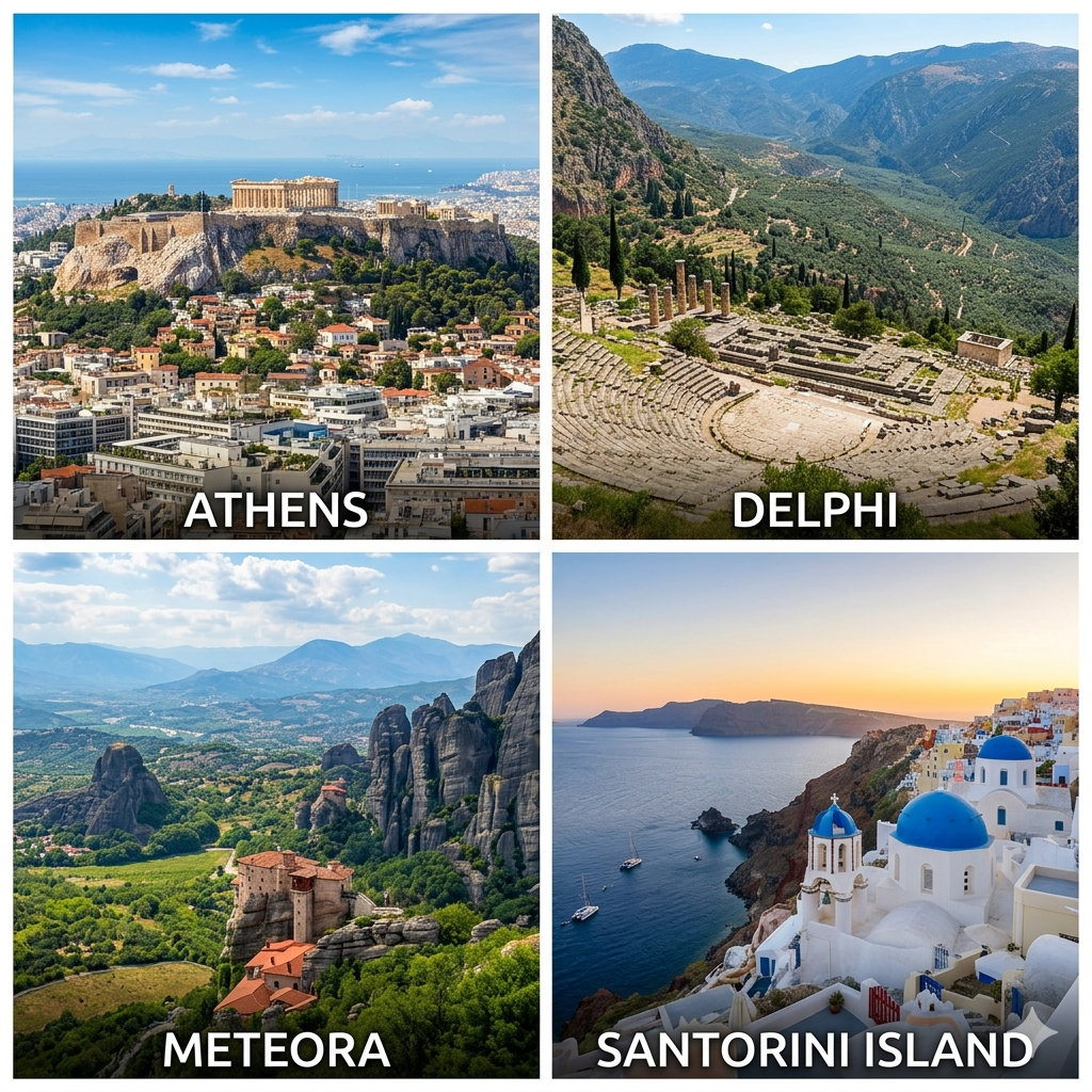 GREECE HIGHLIGHTS PANORAMA ATHENS DELPHI METEORA & SANTORINI ISLAND with CALDERA CRUISE